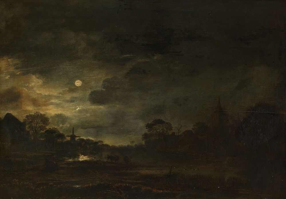 Landscape by Moonlight (c. 1640 - c. 1650) by Aert van der Neer