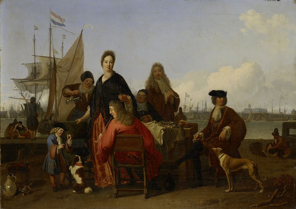 The Bakhuysen and de Hooghe Families dining at the Mosselsteiger (Mussel Pier) on the Y, Amsterdam (1702) by Ludolf Bakhuysen
