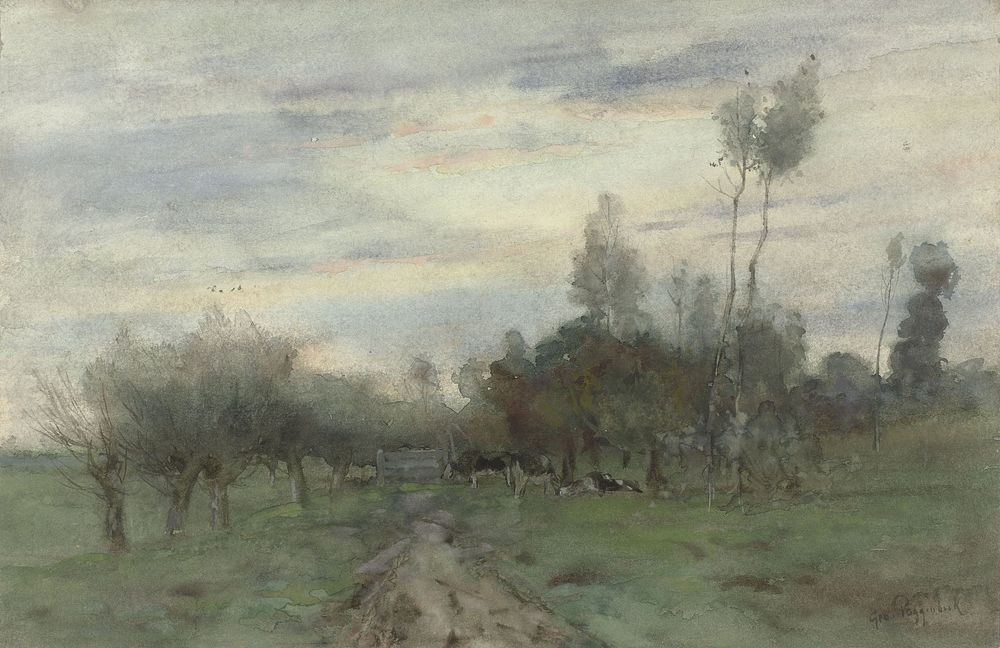 Landweg met koeien in de schemering (1863 - 1903) by Geo Poggenbeek