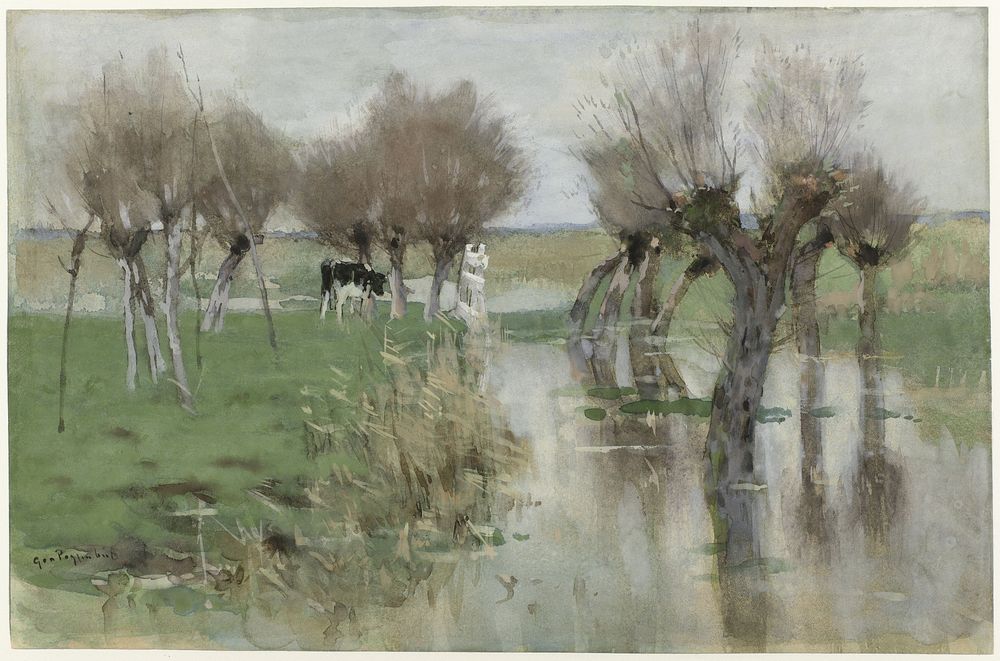 Hoog water in het weiland (1863 - 1903) by Geo Poggenbeek