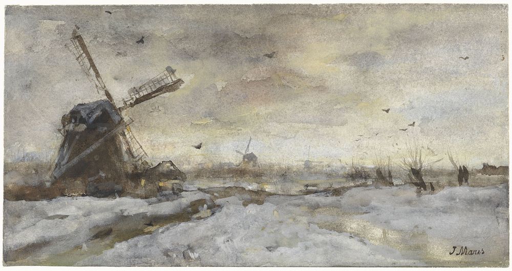 Landschap met molen in de sneeuw (1847 - 1899) by Jacob Maris