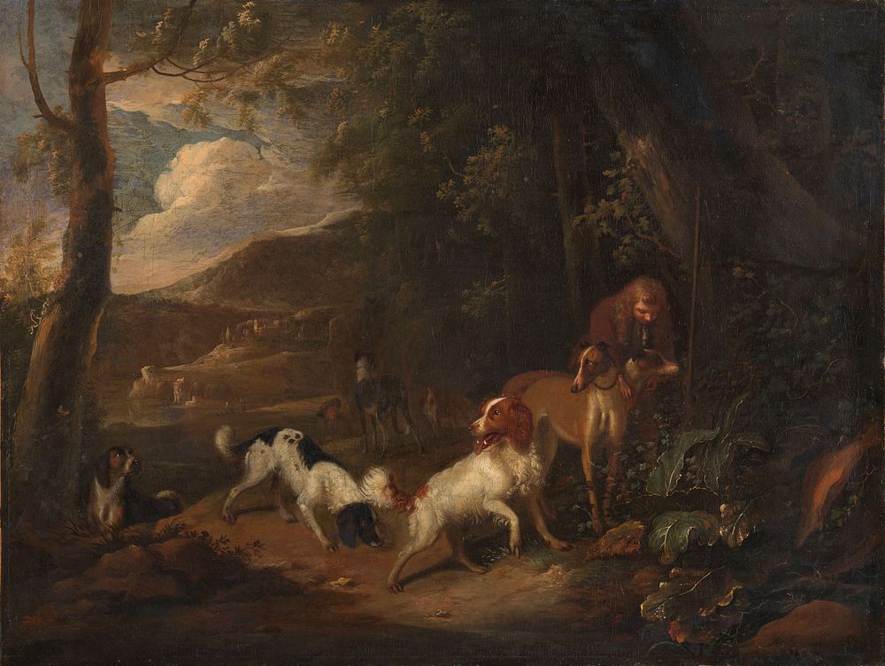 Hunter with Hounds at the Edge of a Wood (c. 1696) by Adriaen Cornelisz Beeldemaker