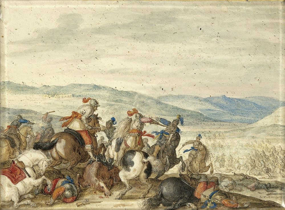 Cavalry Skirmish Mountainous Landscape (1636 - 1640) by Bartholomäus Dietterlin
