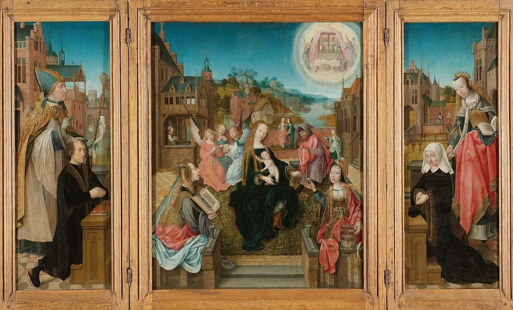 Triptych with Virgin and Child with Saints (center), male Donor with Saint Martin (left, inner wing), female Donor with…