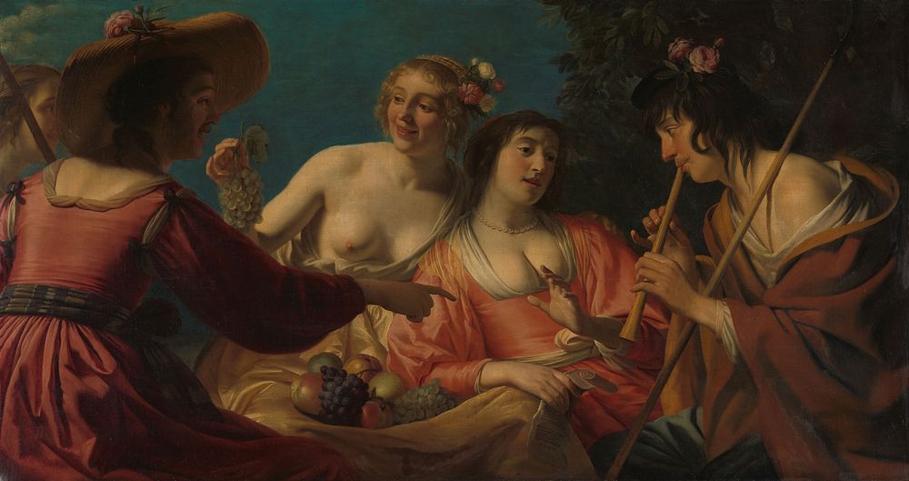 Shepherd Playing the Flute, and Four Shepherdesses (1632) by Gerard van Honthorst