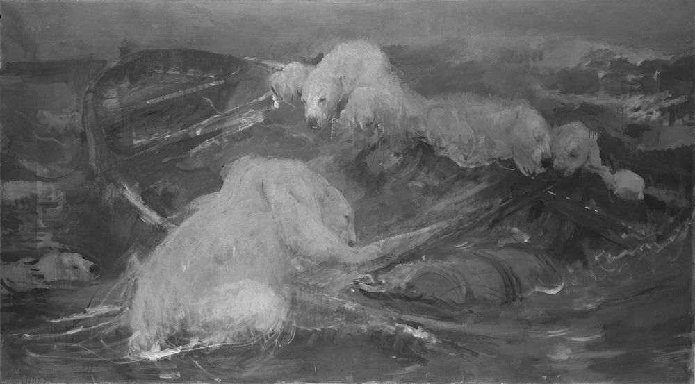 IJsberen beklimmen een ronddrijvende sloep (1870 - 1910) by John Macallan Swan