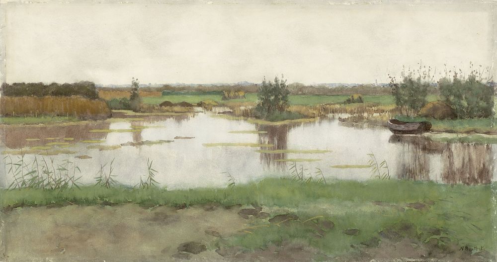 Een waterplas in een weiland (1864 - 1919) by Nicolaas Bastert