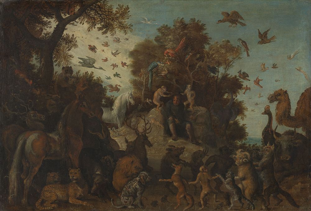 The poet crowned by two apes at the feast of the animals (1623) by Roelant Savery