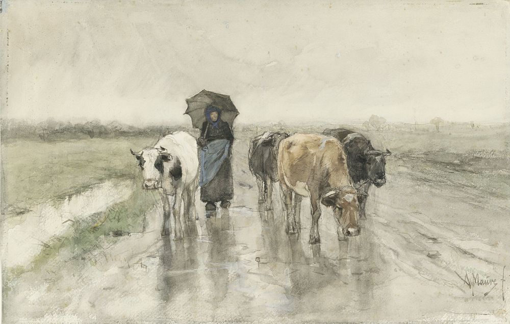 A Herdess with Cows on a Country Road in the Rain (1848 - 1888) by Anton Mauve