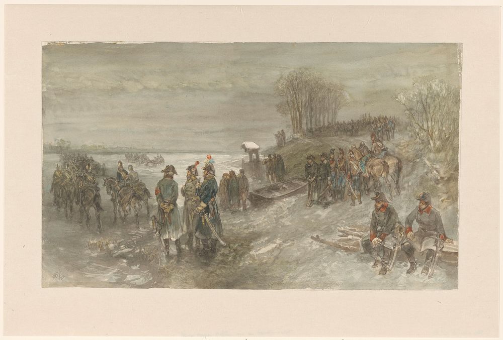 Franse troepen trekken over een bevroren rivier (1888) by Charles Rochussen