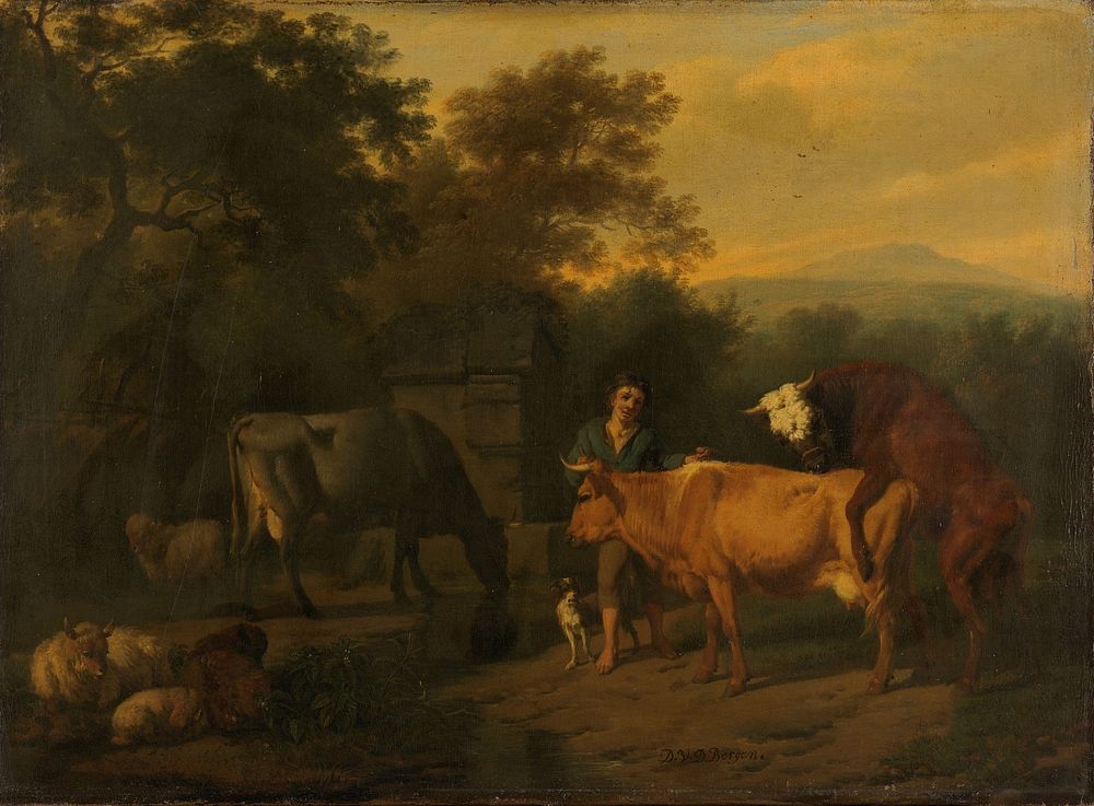 Landscape with Herdsman and Cattle (1675 - 1685) by Dirck van Bergen