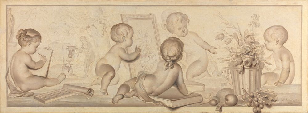 Six Putti with Flowers and Fruit and Attributes of the Art of Drawing (1782) by Jurriaan Andriessen