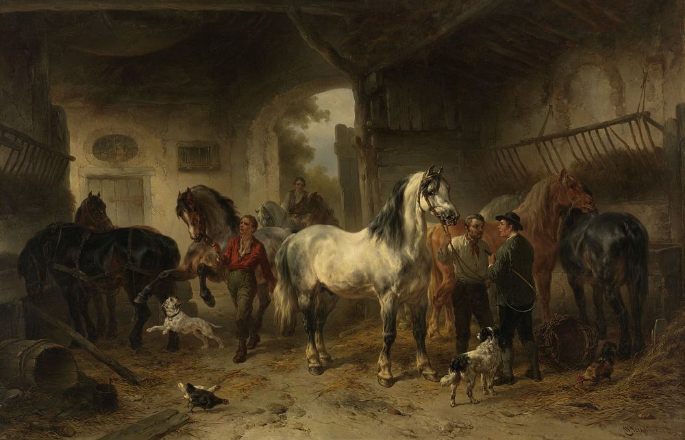 Interieur van een stal met paarden en figuren (1850 - 1874) by Wouter Verschuur 1812 1874