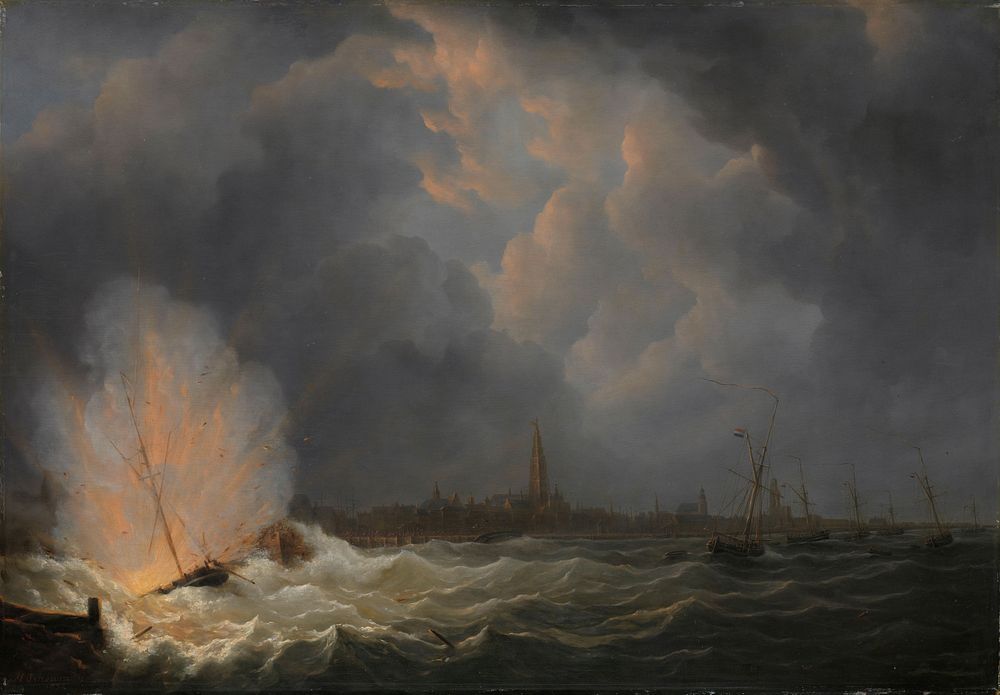 The Explosion of Gunboat nr 2, under Command of Jan van Speijk, off Antwerp, 5 February 1831 (1832) by Martinus Schouman