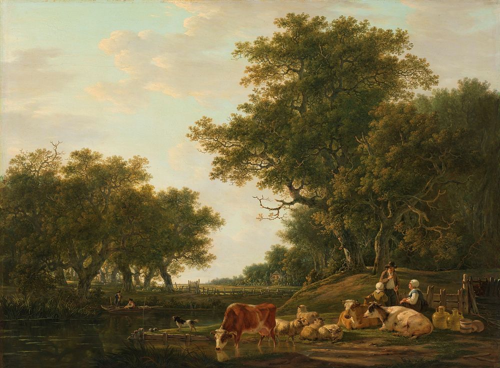 Landscape with Peasants with their Cattle and Anglers on the Water (1800 - 1810) by Jacob van Strij