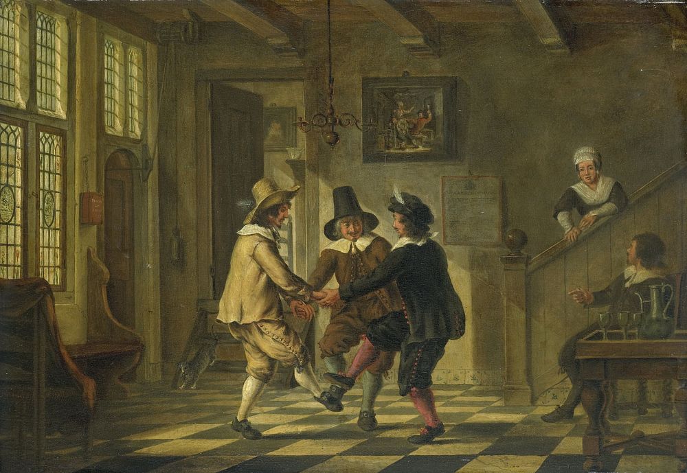 Drie mannen in zeventiende-eeuws kostuum dansend in een voorhuis (1700 - 1885) by anonymous