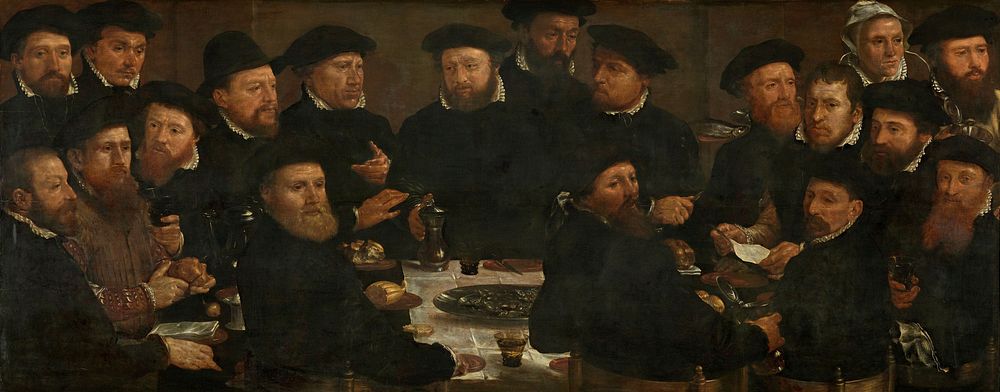 Banquet of Eighteen Guardsmen of Squad L, Amsterdam 1566, known as 'The Perch Eaters' (1566) by Dirck Barendsz