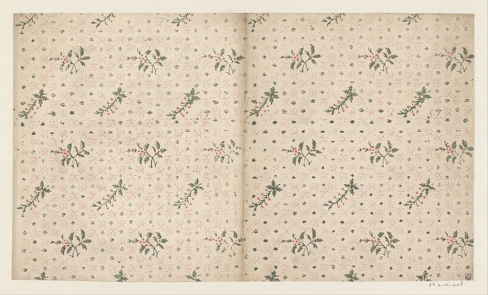 Blad met strooipatroon van tak met blaadjes en vruchtjes tussen streepjes en takjes van punten (1700 - 1850) by anonymous