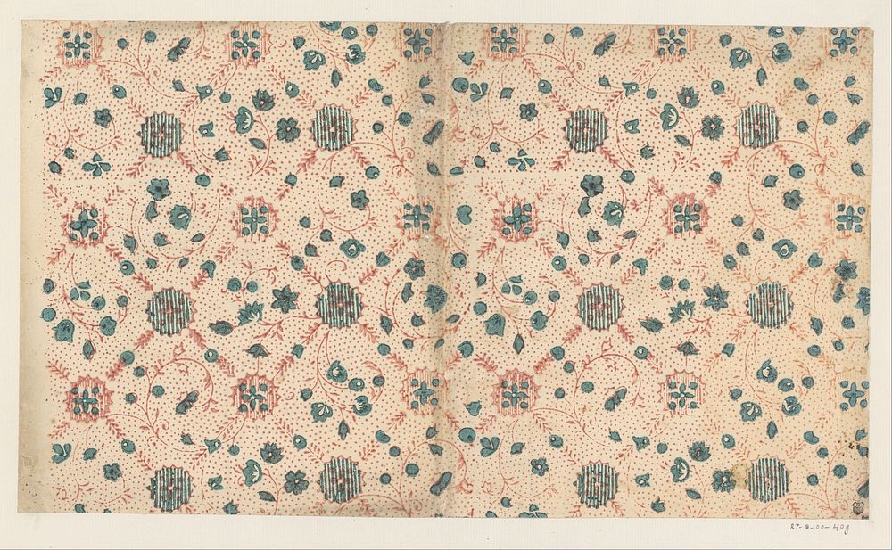 Blad met ruitpatroon van takken met als veldvulling slingerende rank met bloemen en vruchtjes (1700 - 1850) by anonymous
