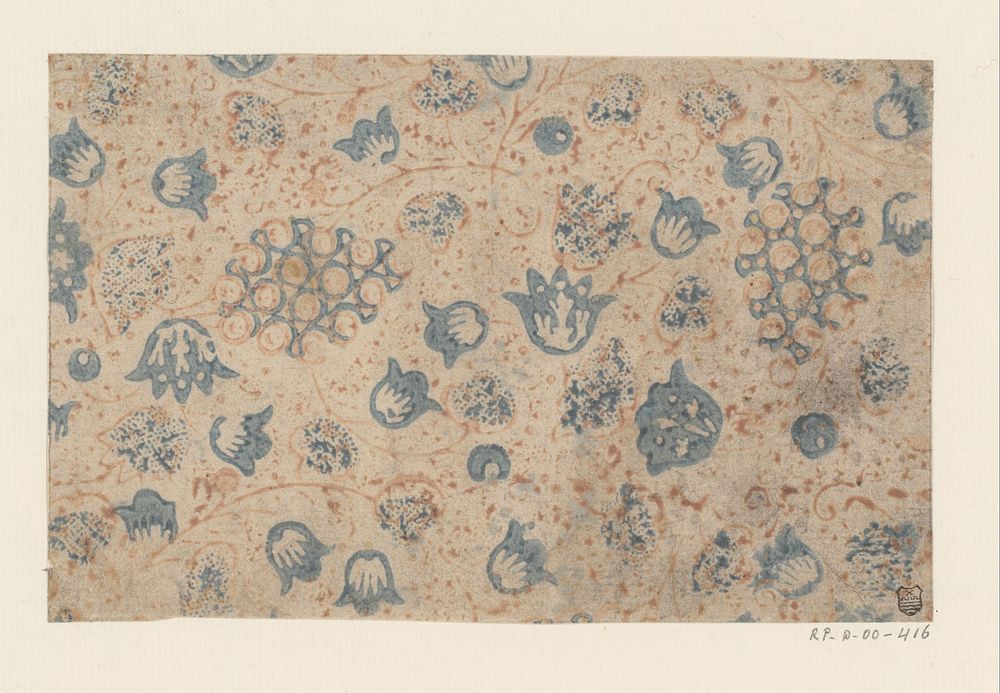 Blad met strooipatroon van ranken met bloemen en druiventrossen (1700 - 1850) by anonymous