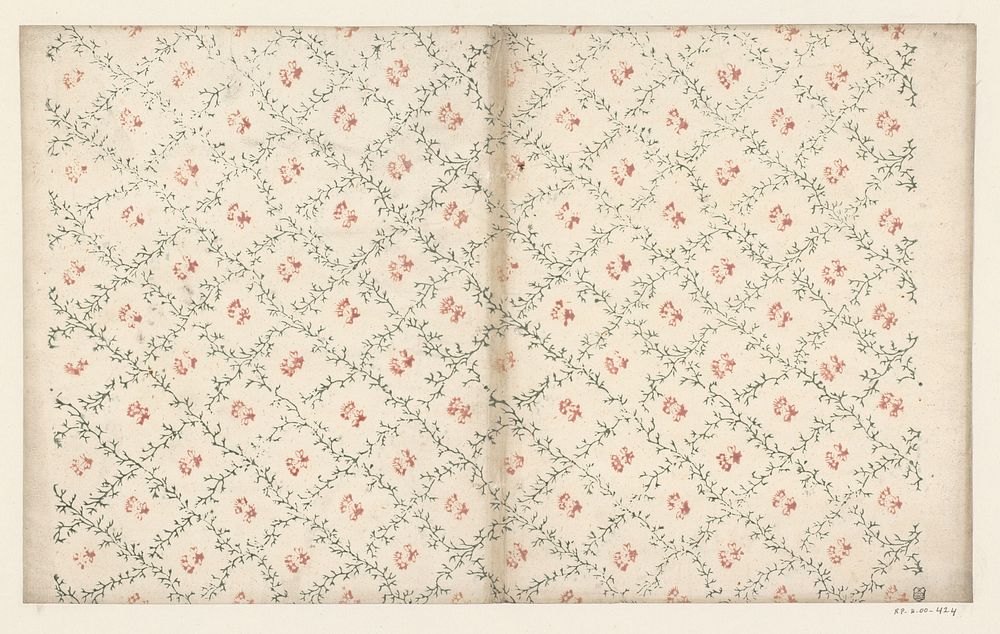 Blad met ruitpatroon van takjes met bloem als veldvulling (1700 - 1850) by anonymous