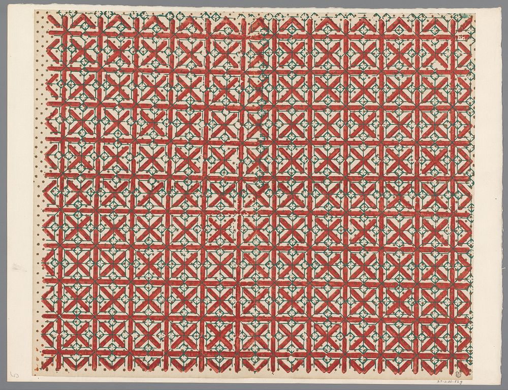 Blad met strooipatroon van sterretjes over lijnenraster over blokkenpatroon met kruis (1800 - 1900) by anonymous
