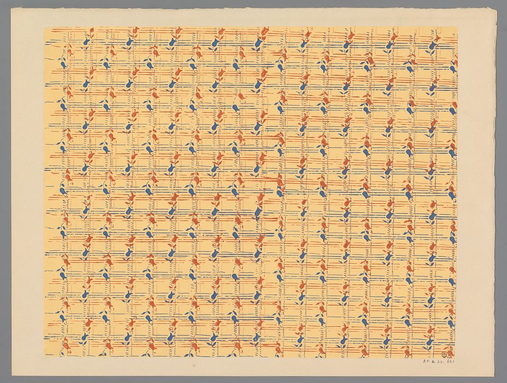 Blad met banenpatroon van lijnen en bloemmotief (1800 - 1900) by anonymous