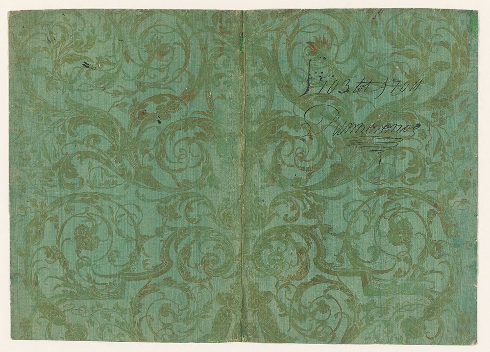 Blad met ranken met bloemen, omslag met opschrift (1700 - 1750) by anonymous