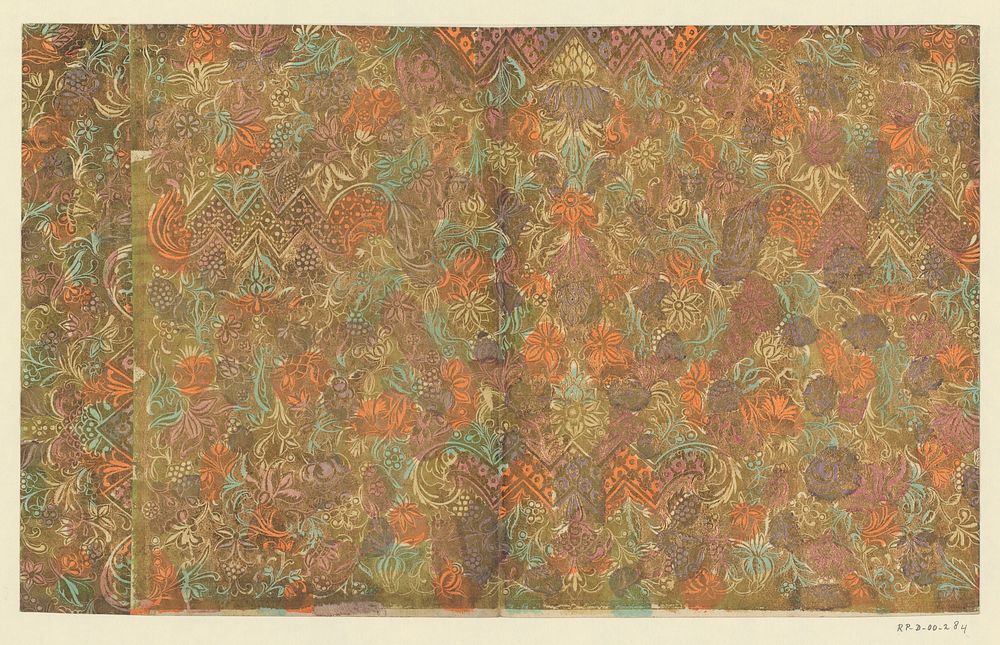 Blad met ranken met bloemen, vruchten en zigzag bandwerk (1730 - 1780) by anonymous