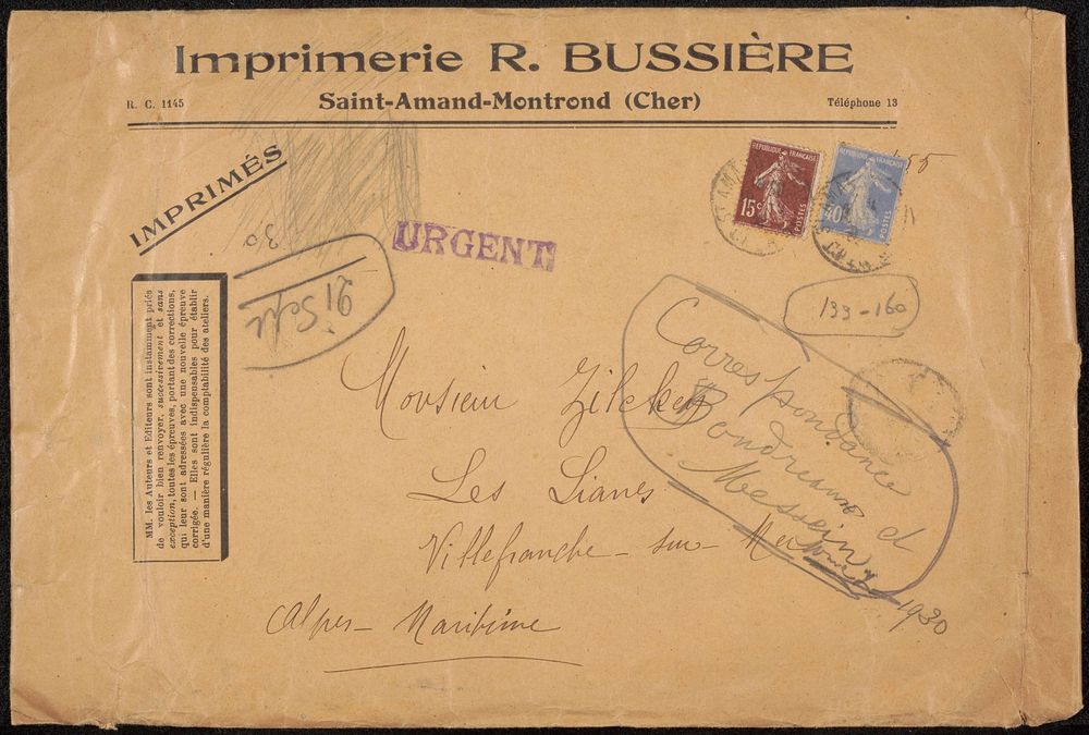 Brief aan Philip Zilcken (1930) by Impremerie Bussière