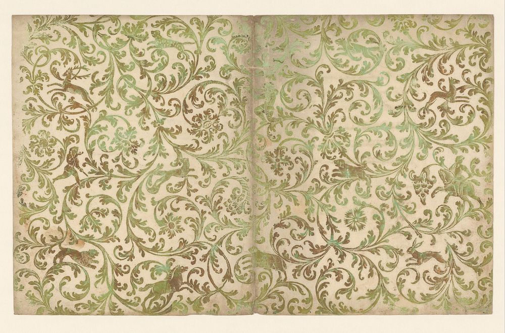 Blad met patroon van jachtscènes tussen bladranken (c. 1690 - c. 1730) by anonymous