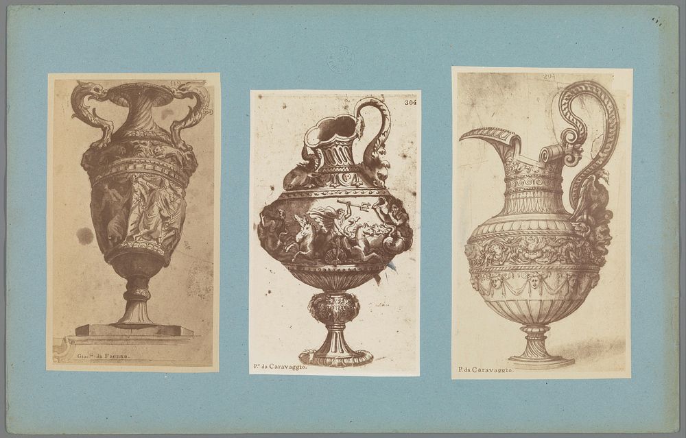 Drie fotoreproducties van tekeningen van vazen (c. 1875 - c. 1900) by anonymous, Polidoro da Caravaggio and Antonio Gentile…