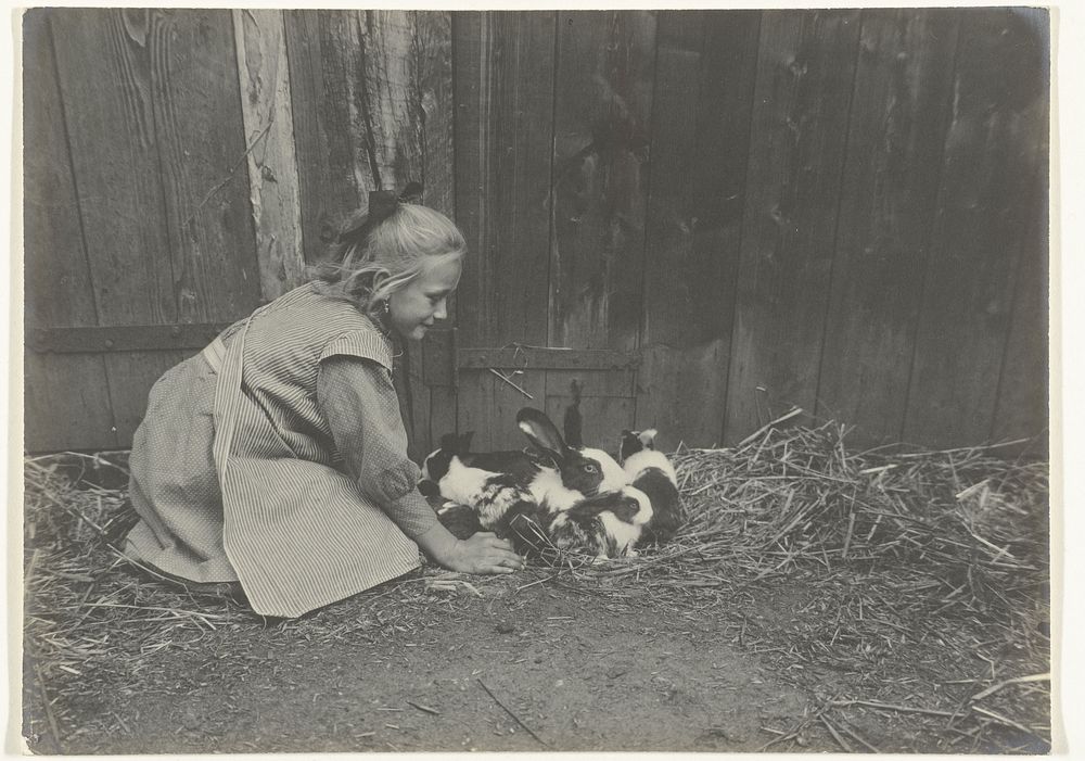 Meisje geknield bij een aantal konijnen (1900 - 1930) by Richard Tepe