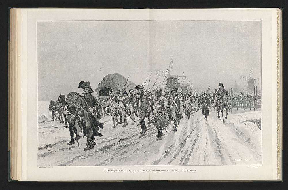 Reproductie van een schilderij van het marcherende Franse leger op weg naar Amsterdam in 1796 door François Flameng (c. 1885…