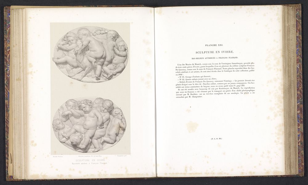 Twee bas-reliëfs uit ivoor, voorstellende een groep dansende putti en een groep spelende putti met een hond (c. 1859 - in or…