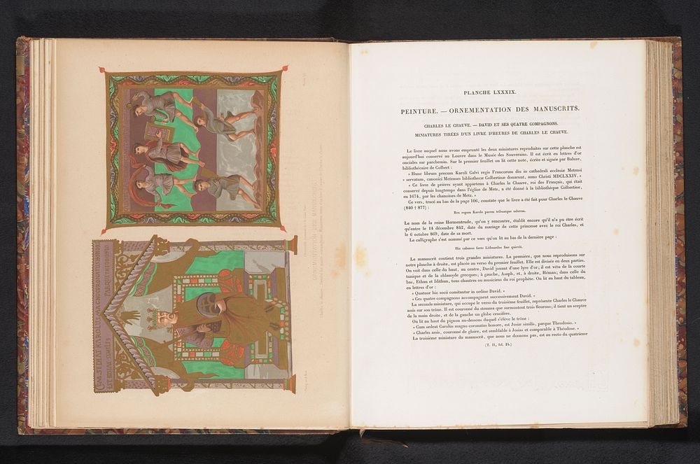 Reproductie van twee verluchte pagina's met Karel de Kale en David met zijn compagnons (c. 1859 - in or before 1864) by…