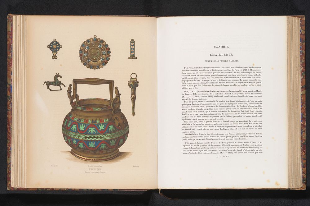 Reproductie van een ontwerp met vijf emaillen broches en een vaas (c. 1859 - in or before 1864) by Moulin, M L Bosredon and…