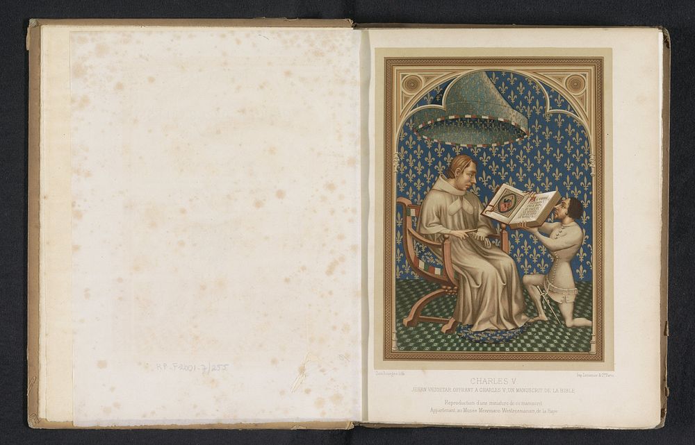 Reproductie van een miniatuur, voorstellende Jean de Vaudetar schenkt zijn historie-Bijbel aan Karel V van Frankrijk (c.…