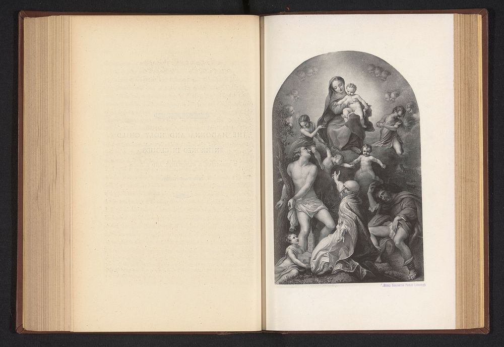 Fotoreproductie van een prent naar een schilderij, voorstellende de tronende Madonna met de heilige Sebastiaan (c. 1870 - in…