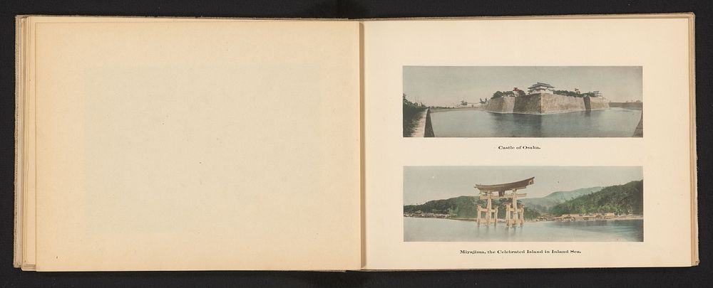 Gezicht op het kasteel in Osaka en het eiland Miyajima met een torii in het water (c. 1895 - c. 1905) by Kōzaburō Tamamura