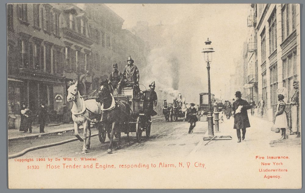 Reclame voor de Fire Insurance New York Underwriters Agency met een foto van het uitrukken van de brandweer (1905) by De…