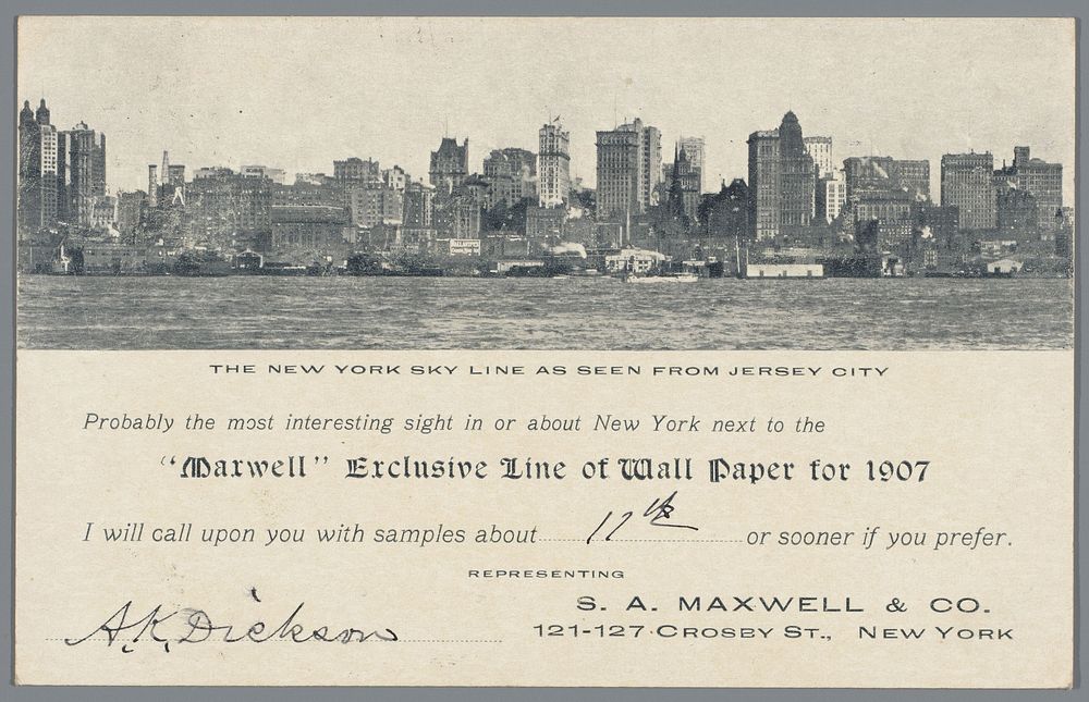 Reclame voor een behangselfabrikant met aankondiging van een vertegenwoordiger van Maxwell behang (in or before 1906) by…