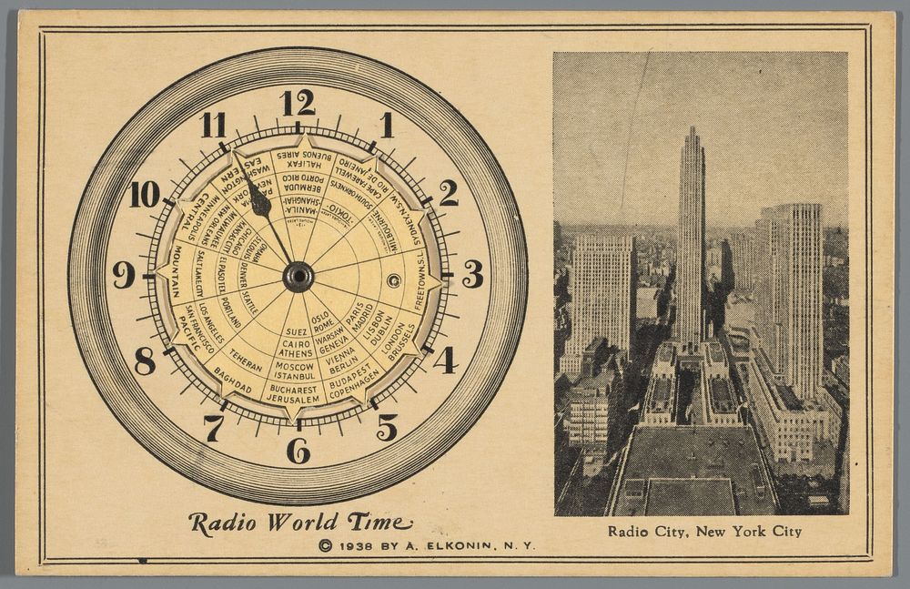 Reclame met een draaischijf om de uitzendtijd van de radio om te rekenen naar lokale tijd en met een afbeelding van het RCA…