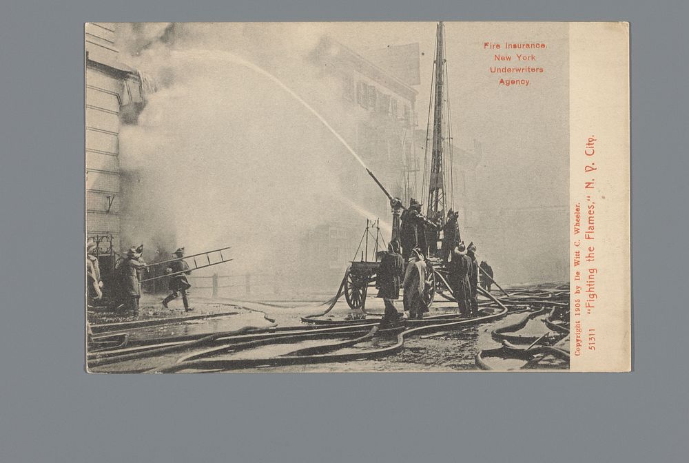Reclame voor de Fire Insurance New York Underwriters Agency met een foto van het blussen van een brand (1905) by De Witt C…