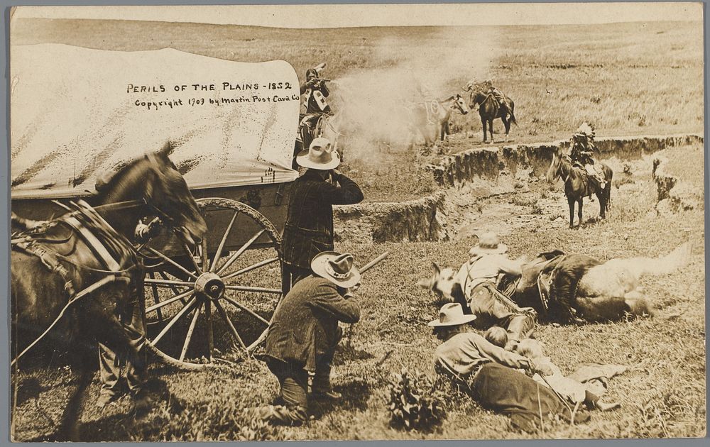 Fotomontage/trucage met gevecht tussen kolonisten en oorspronkelijke bewoners van Noord-Amerika in een landschap met huifkar…