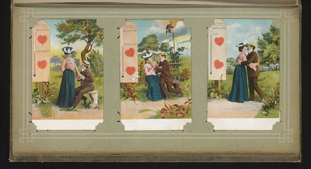 Drie reproducties van getekende portretten van een paar geliefden met een liefdesbarometer (1900 - 1930) by anonymous and…