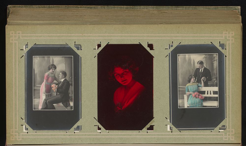 Twee portretten van een paar geliefden en een portret van een jonge vrouw (1900 - 1930) by Georg Gerlach and Co and anonymous