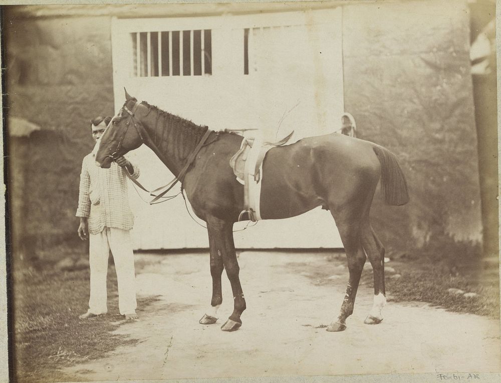 Man houdt paard bij de teugels voor een schuur, vermoedelijk op de Filipijnen (c. 1870 - c. 1891) by anonymous