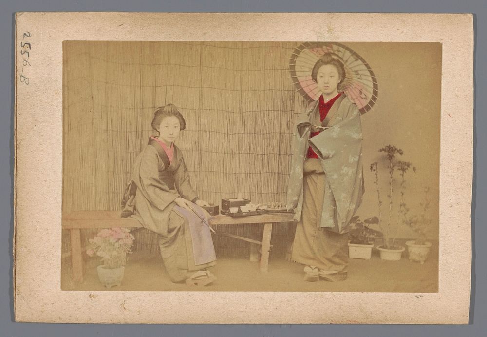 Dubbelportret van twee onbekende Japanse vrouwen bij de thee (1860 - 1900) by anonymous