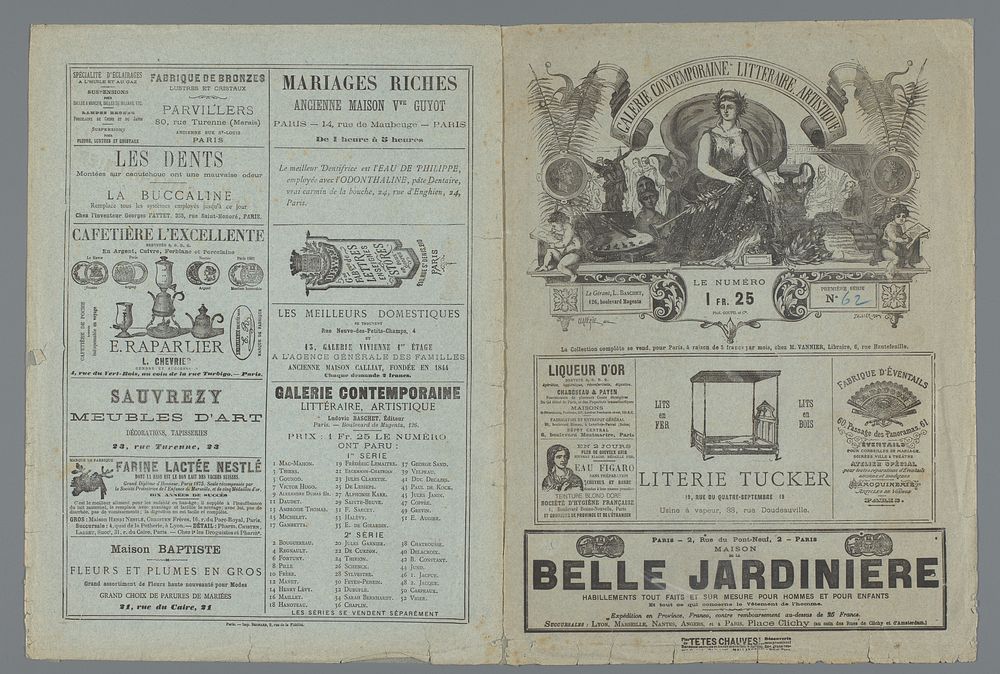 Omslag met diverse reclame, voor een portret van Sarah Bernhardt met twee tekstbladen (1877) by Edmond Henri Tellier, Martin…